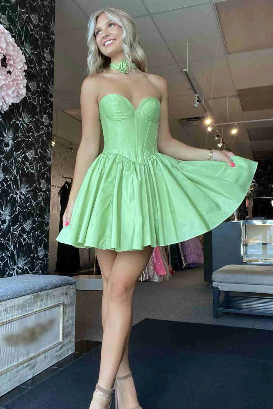 A-Line Off-the-Shoulder Strapless Satin Homecoming Dress with Flower
