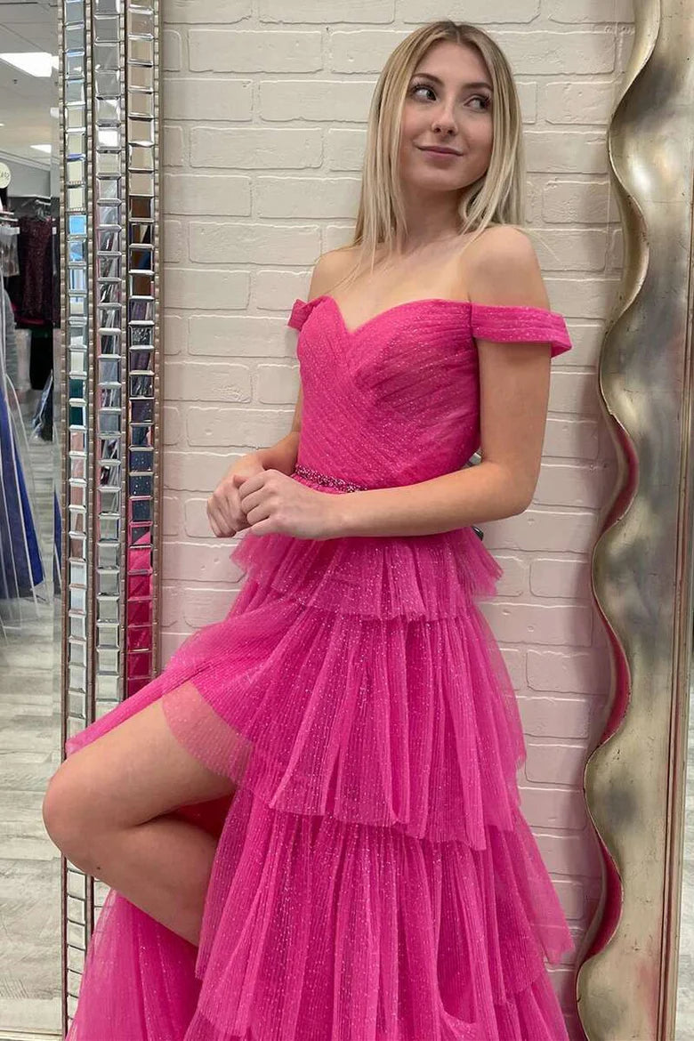 Off-the-Shoulder Multi-tiered Prom Dress