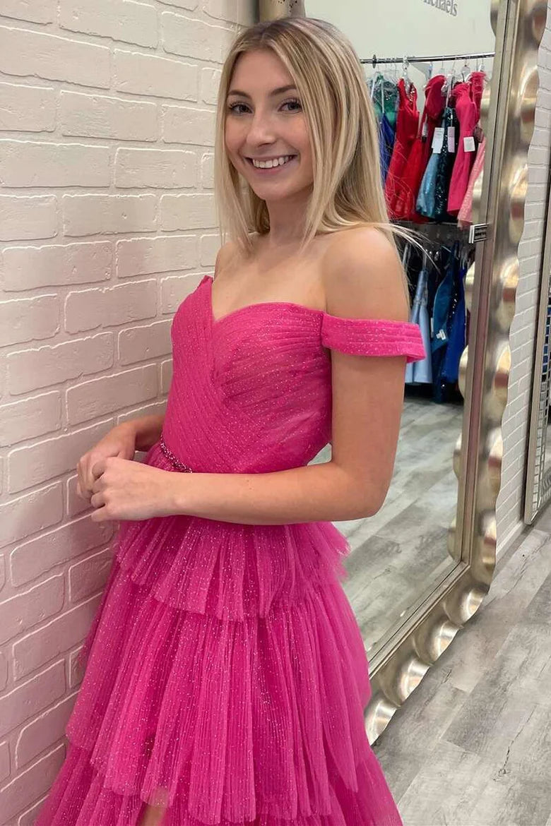 Off-the-Shoulder Multi-tiered Prom Dress
