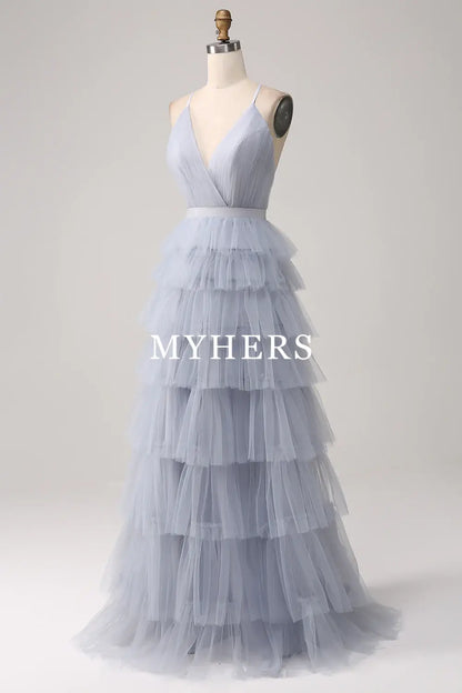 Formal Wear Dresses A-Line V Neck Spaghetti Straps Tiered Backless Floor Length Tulle Fantastic Fashion Prom Dress