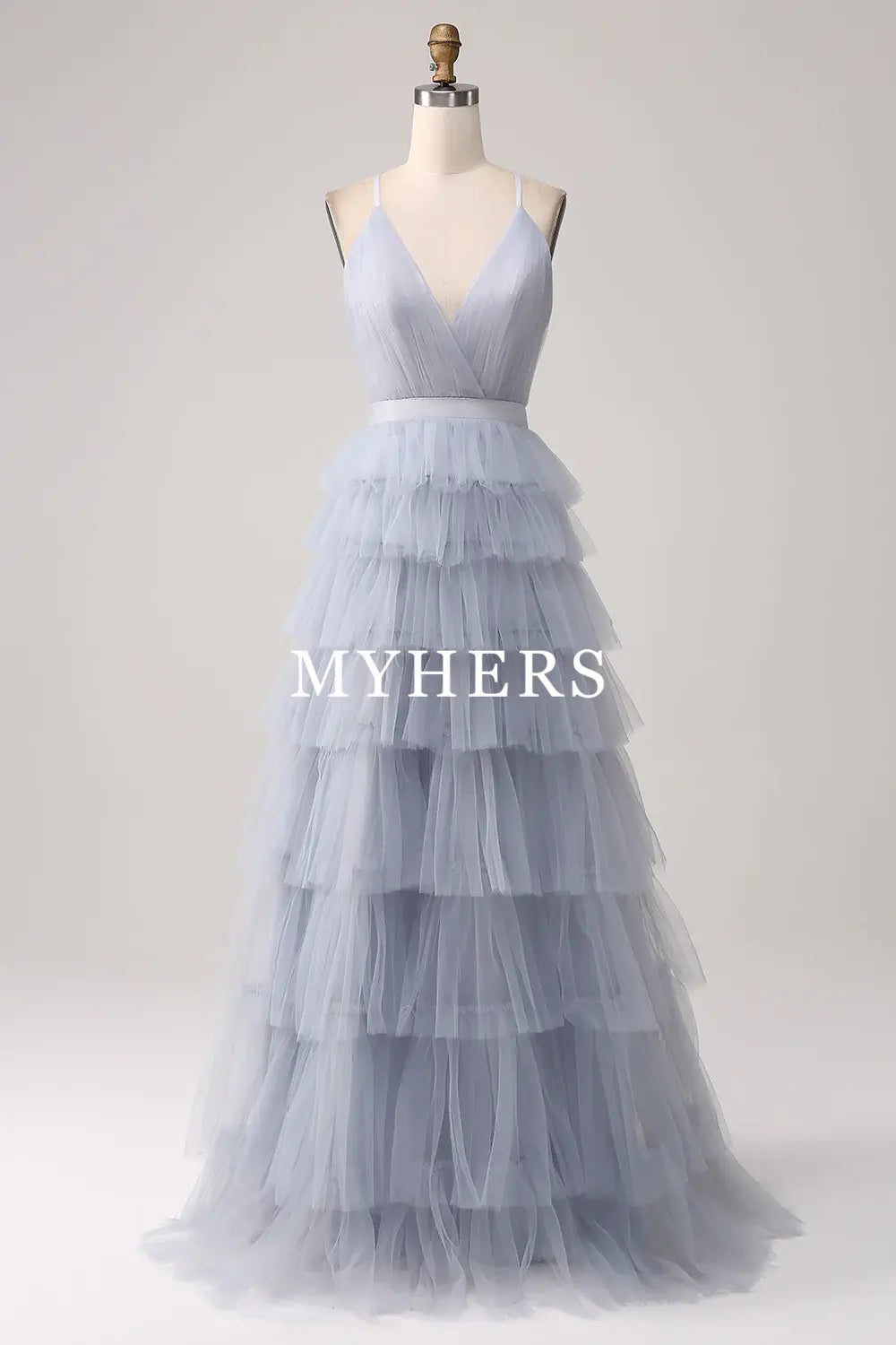 Formal Wear Dresses A-Line V Neck Spaghetti Straps Tiered Backless Floor Length Tulle Fantastic Fashion Prom Dress