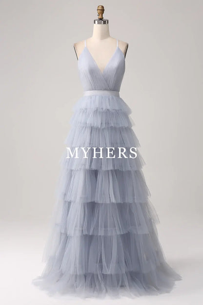 Formal Wear Dresses A-Line V Neck Spaghetti Straps Tiered Backless Floor Length Tulle Fantastic Fashion Prom Dress