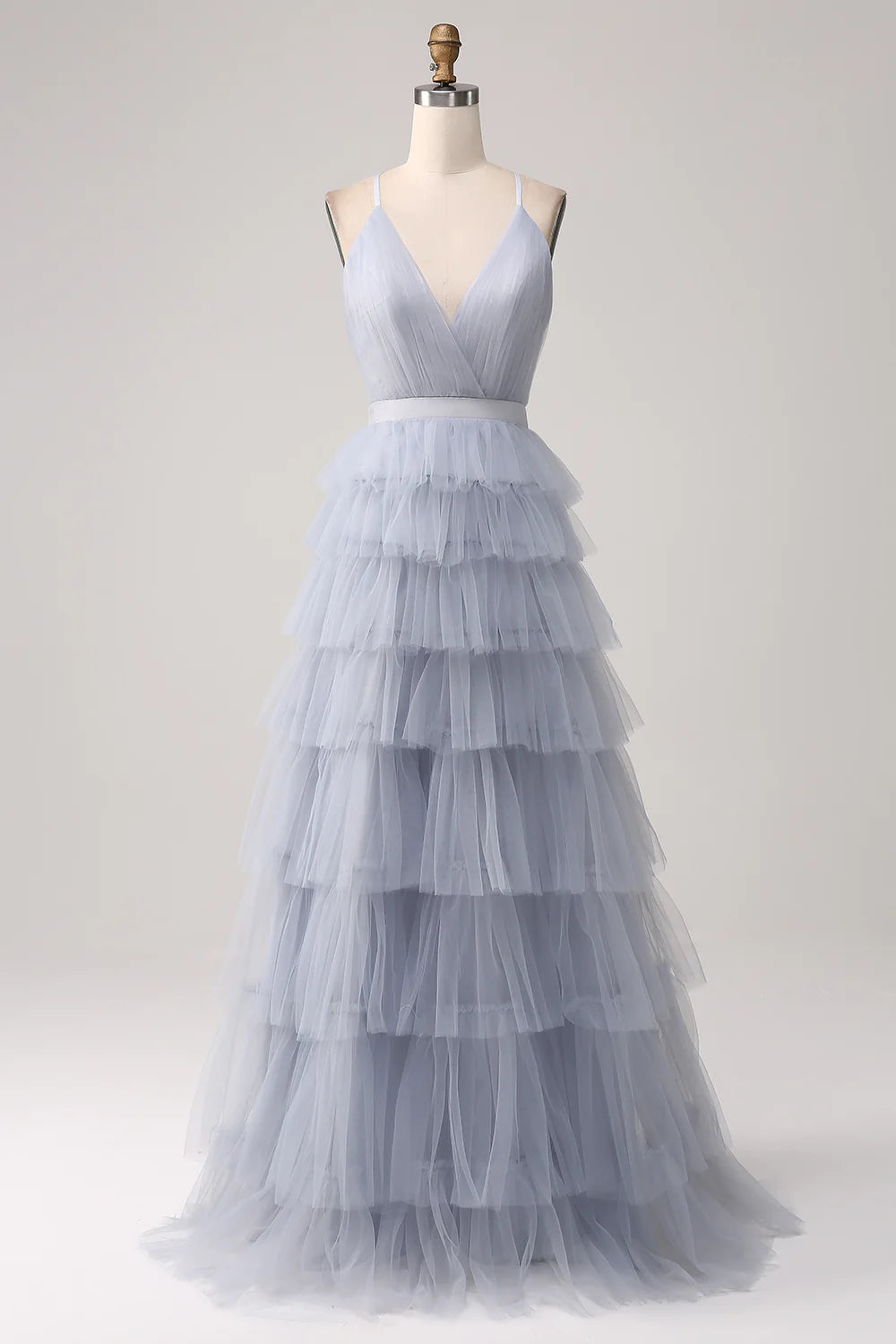 Formal Wear Dresses A-Line V Neck Spaghetti Straps Tiered Backless Floor Length Tulle Fantastic Fashion Prom Dress