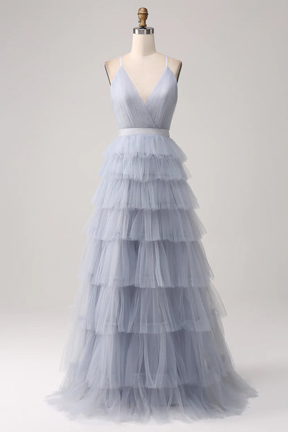Formal Wear Dresses A-Line V Neck Spaghetti Straps Tiered Backless Floor Length Tulle Fantastic Fashion Prom Dress