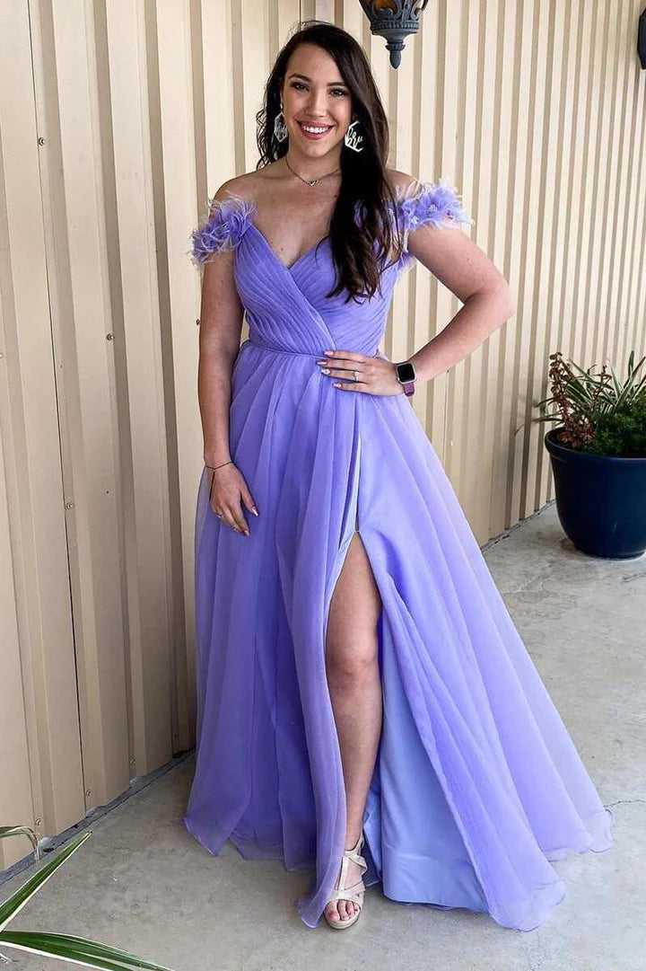 Princess Off-the-Shoulder Feather A-line Prom Dress