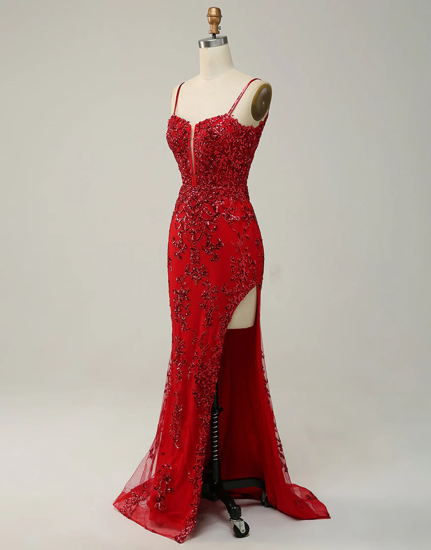 Sheath Beaded Side Slit Prom Dress