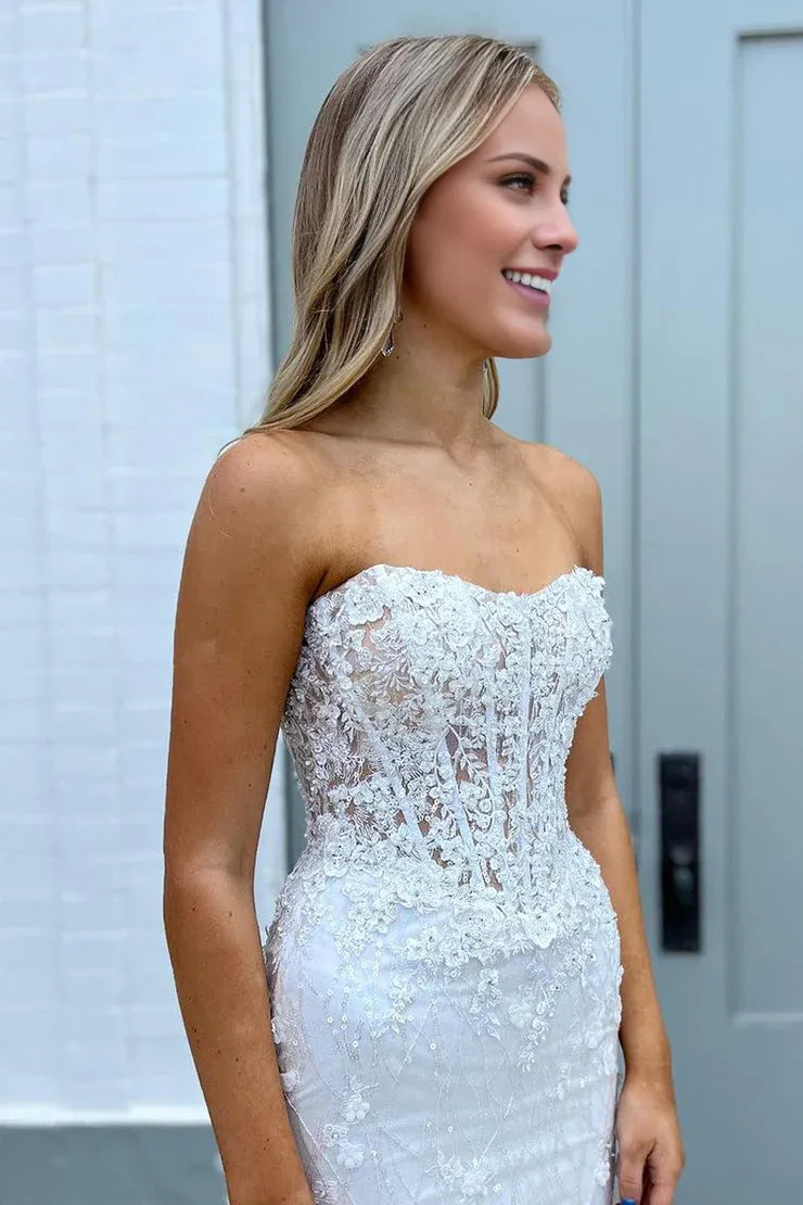 Charming Sparkly Mermaid Sweetheart White Off-the-Shoulder Sequins Long Prom Dresses