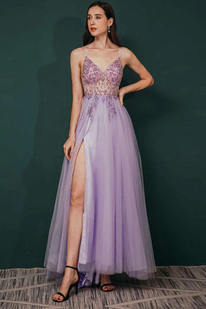 Beaded Tulle Long Prom Dress