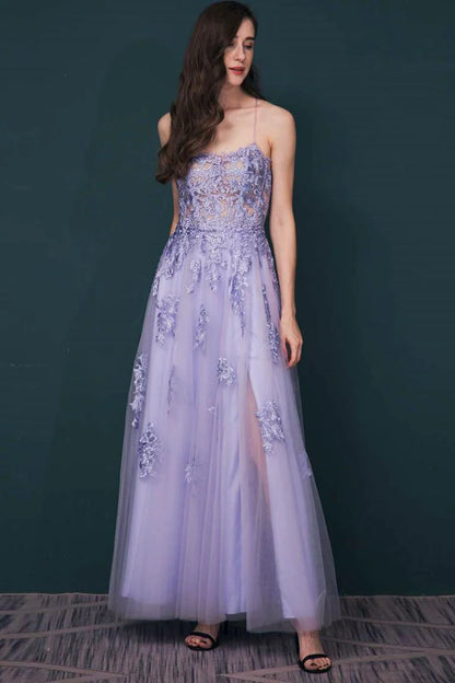 Tulle Apliques Lace-Up Prom Dress