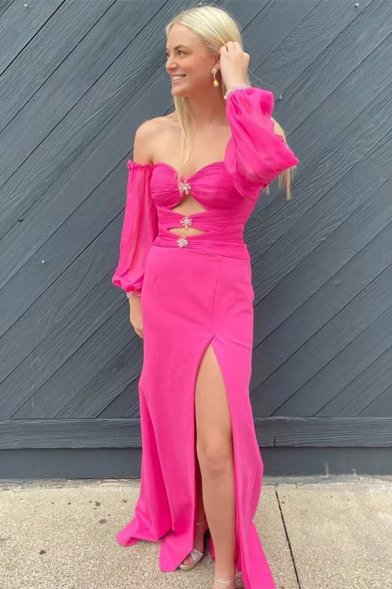 Rhinestones Strapless Keyhole Long Prom Dress with Balloon Sleeves