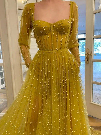 Princess Evening Ball Gown Long Sleeve Corset Long Prom Dress With Beading