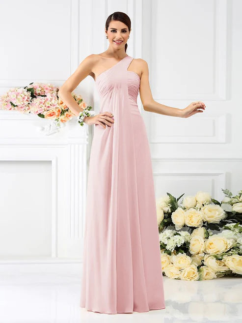 A-Line/Princess One-Shoulder Pleats Sleeveless Long Chiffon Bridesmaid Dresses Party Dresses Wedding Guest Dresses