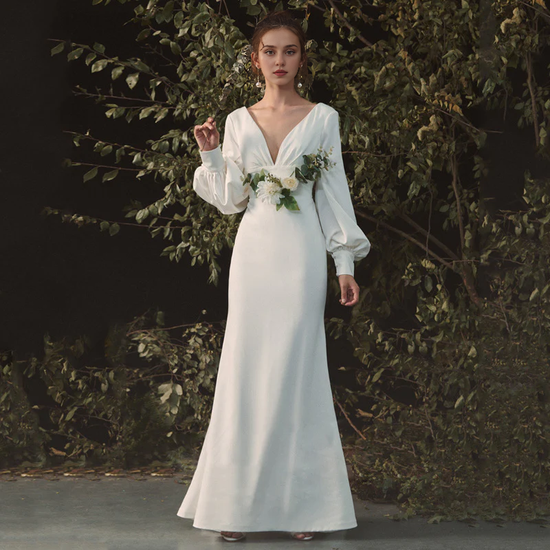New Pattern Wedding Dress V Neck Long Sleeves Elegant Simple Formal Dresses