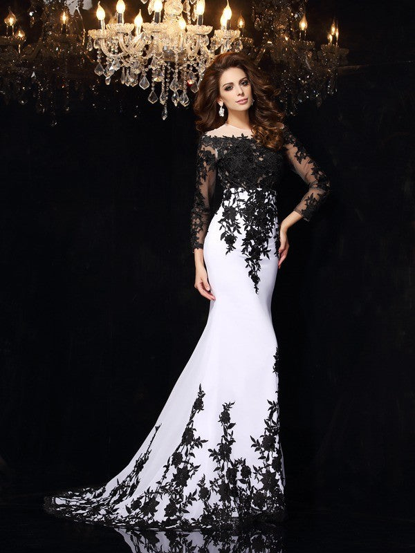 Sheath/Column Scoop Lace Long Sleeves Long Chiffon Party Dresses Formal Dresses