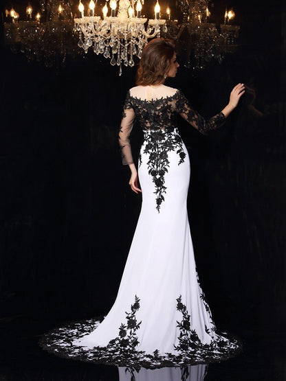 Sheath/Column Scoop Lace Long Sleeves Long Chiffon Party Dresses Formal Dresses