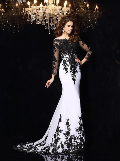 Sheath/Column Scoop Lace Long Sleeves Long Chiffon Party Dresses Formal Dresses