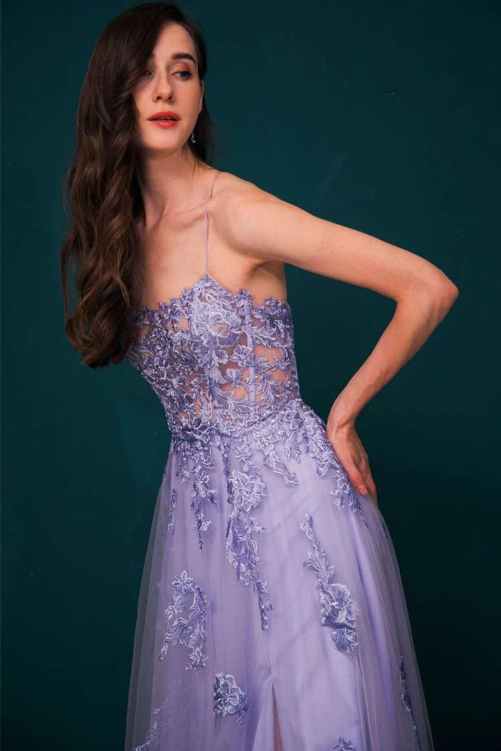 Tulle Apliques Lace-Up Prom Dress
