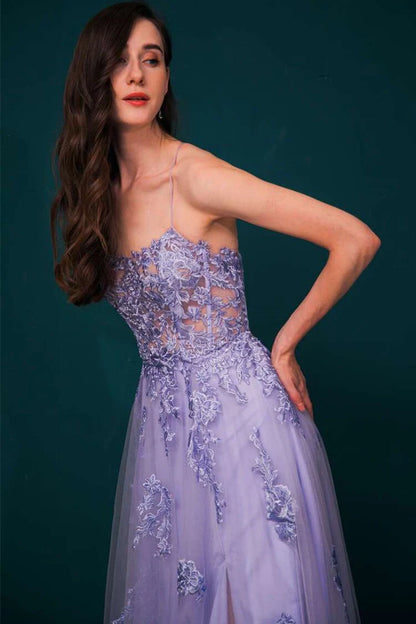 Tulle Apliques Lace-Up Prom Dress