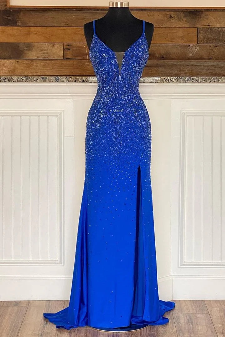 Beaded V-Neck Mermaid Long Prom Dress