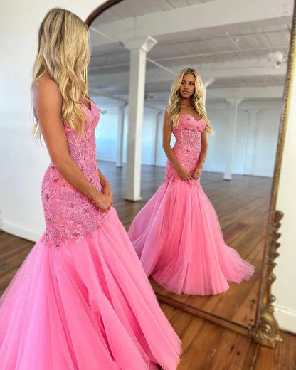 Cute Mermaid Sweetheart Off-the-Shoulder Hot Pink Tulle Prom Dresses with Lace