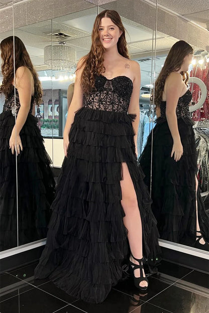 Strapless Appliques Multi-Layers Long Prom Dress with Slit