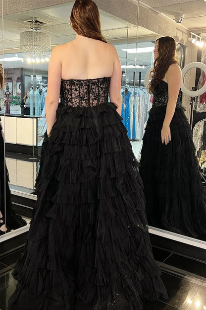 Strapless Appliques Multi-Layers Long Prom Dress with Slit