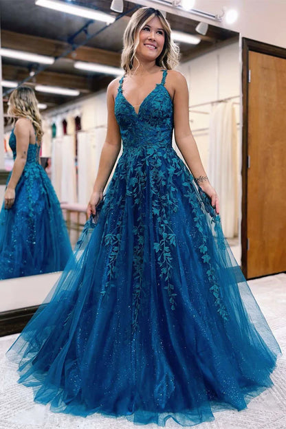 Applique V-Neck Lace-Up A-Line Prom Dress