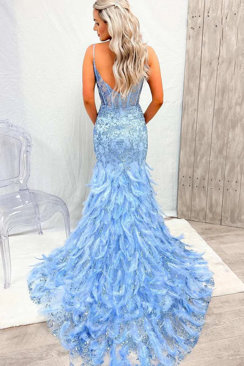 Tulle Sequin V-Neck Mermaid Long Prom Gown with Feathers