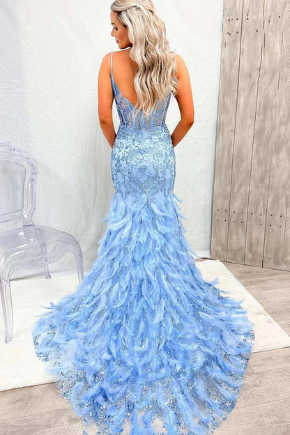 Tulle Sequin V-Neck Mermaid Long Prom Gown with Feathers