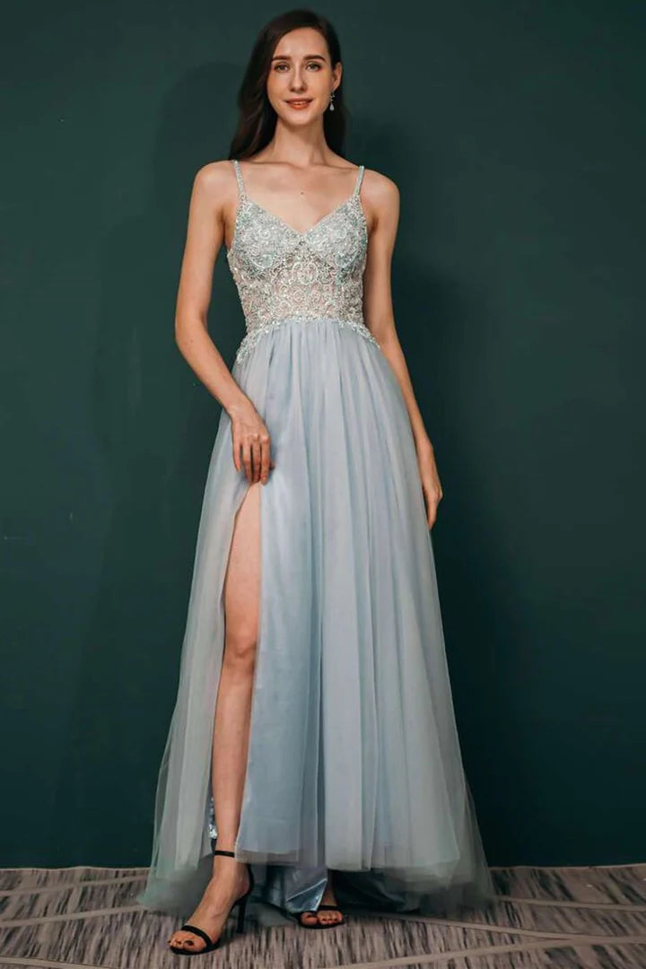 V-neckline Beaded Tulle Prom Gown