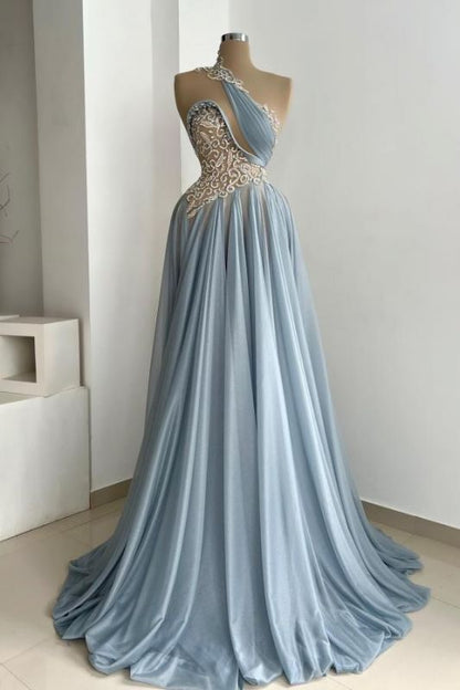 A Line Elegant  Brush Train Dresses Sheath One shoulder Long Prom Dress With Bending