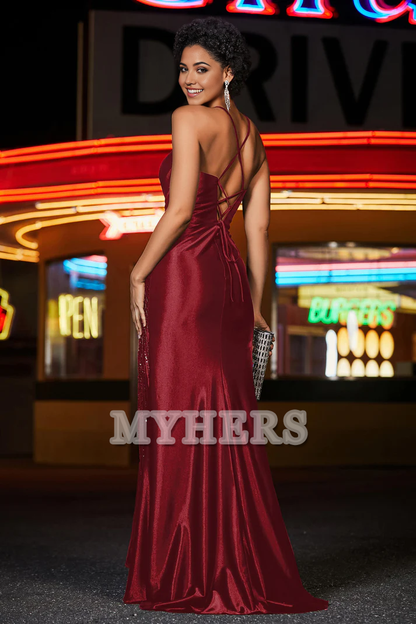 Formal Women's Dresses Mermaid Spaghetti Straps V-Neck Plunging Dress Sequins Crossed Straps Side Fork Sweep Train Evening Dress