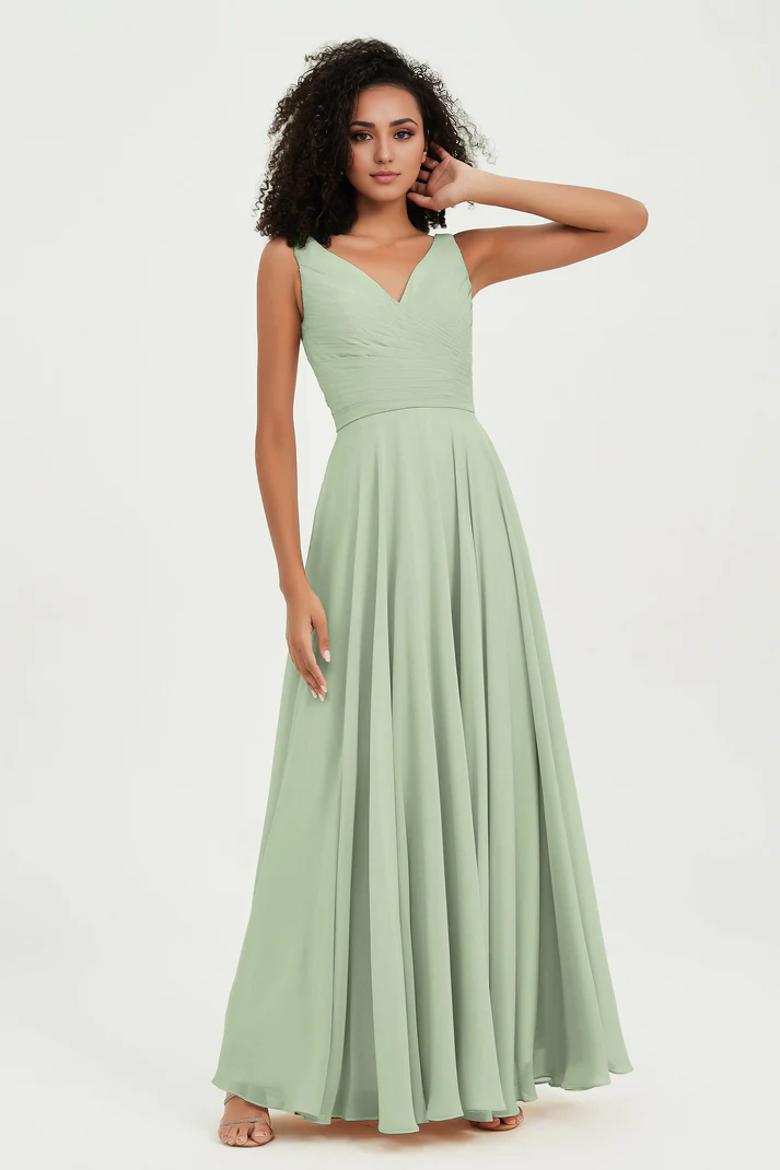 MY HERS Chiffon A-Line V-Neck Pleated Sleeveless Floor-Length Elegant Simple Wedding Guests Dresses