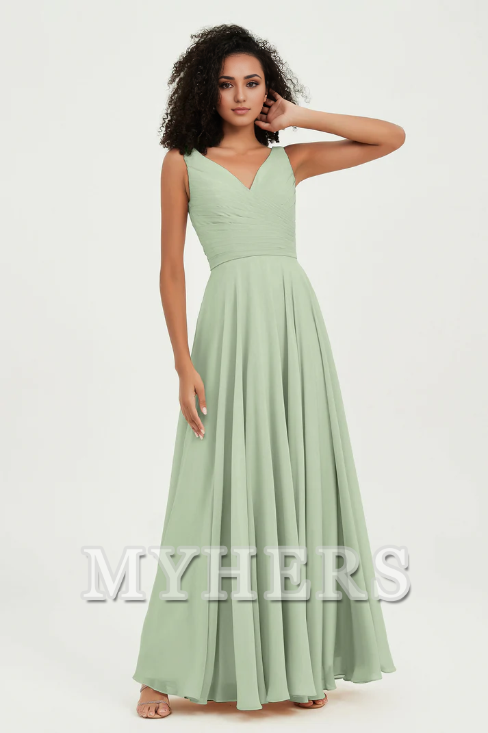 MY HERS Chiffon A-Line V-Neck Pleated Sleeveless Floor-Length Elegant Simple Wedding Guests Dresses