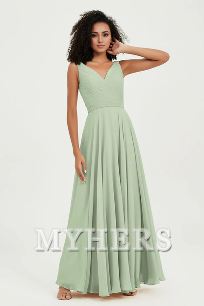 MY HERS Chiffon A-Line V-Neck Pleated Sleeveless Floor-Length Elegant Simple Wedding Guests Dresses