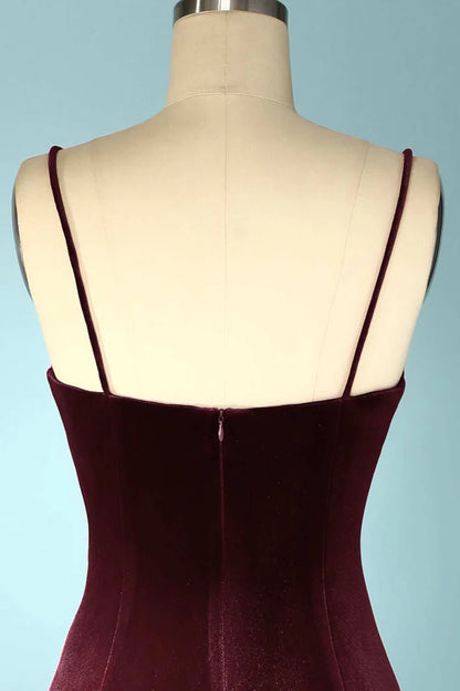 Burgundy Velvet V-Neck Straps Long Bridesmaid Dress with Slit