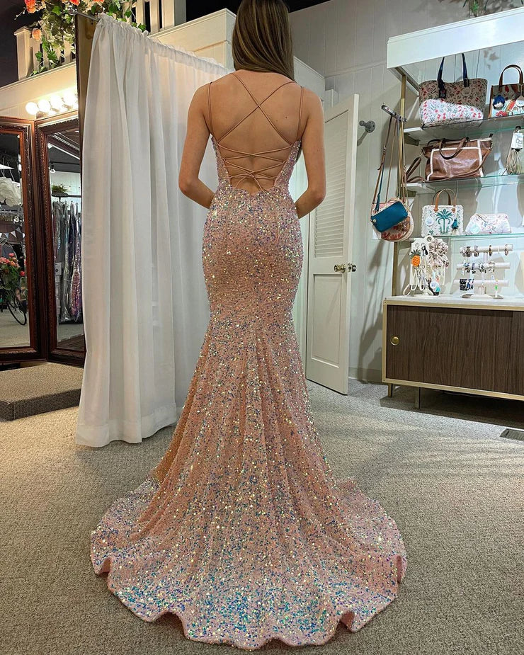 Cute Mermaid V Neck Blush Velvet Sequins Long Prom Dresses with Lace-up Back