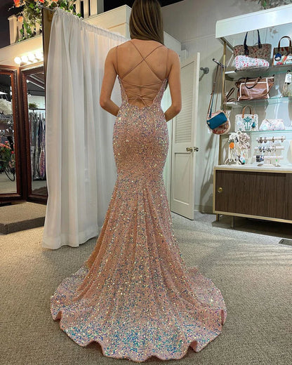 Cute Mermaid V Neck Blush Velvet Sequins Long Prom Dresses with Lace-up Back