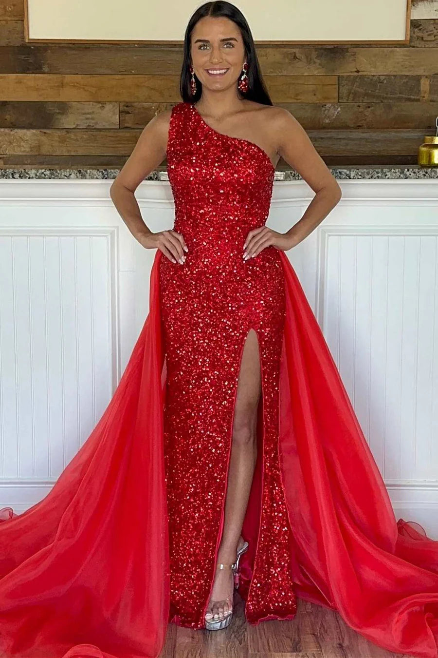 Sequin One-Shoulder Long Formal Dress with Attached Train