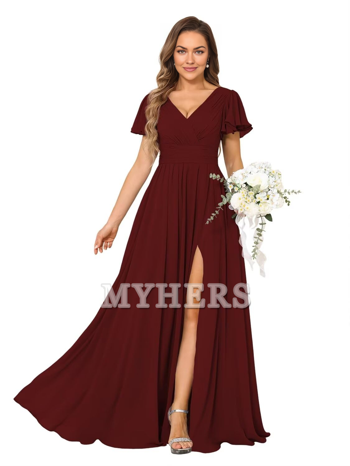 A Line V Neck Flutter Sleeve Side Fork Youthful Elegant Chiffon Bridesmaid Dresses Wedding Guests Dresses