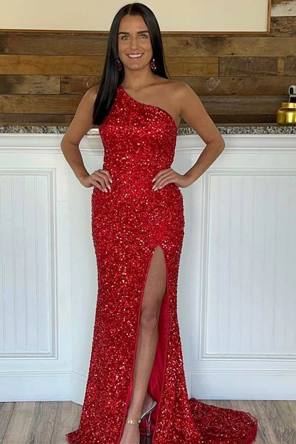Sequin One-Shoulder Long Formal Dress with Attached Train