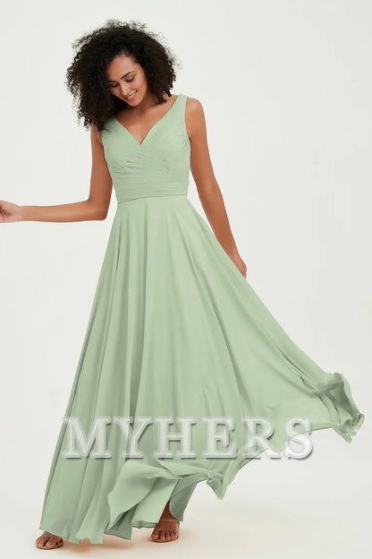MY HERS Chiffon A-Line V-Neck Pleated Sleeveless Floor-Length Elegant Simple Wedding Guests Dresses