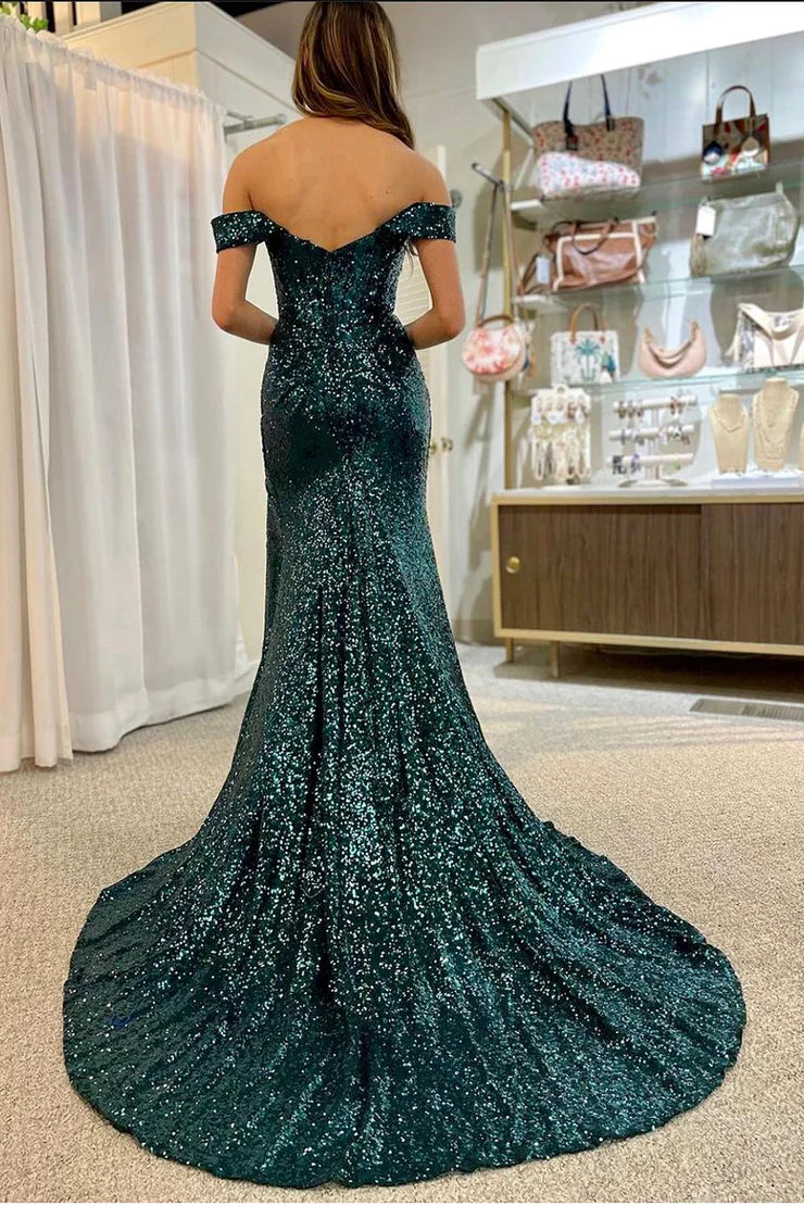 Cute Mermaid Off the Shoulder Dark Green Sequins Long Prom Dresses with Detachable Shoulder Strap