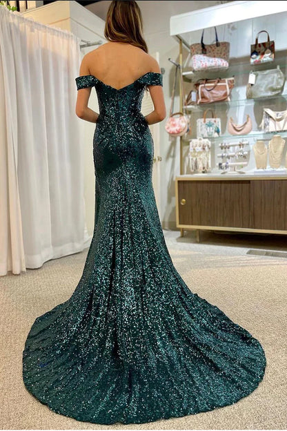 Cute Mermaid Off the Shoulder Dark Green Sequins Long Prom Dresses with Detachable Shoulder Strap