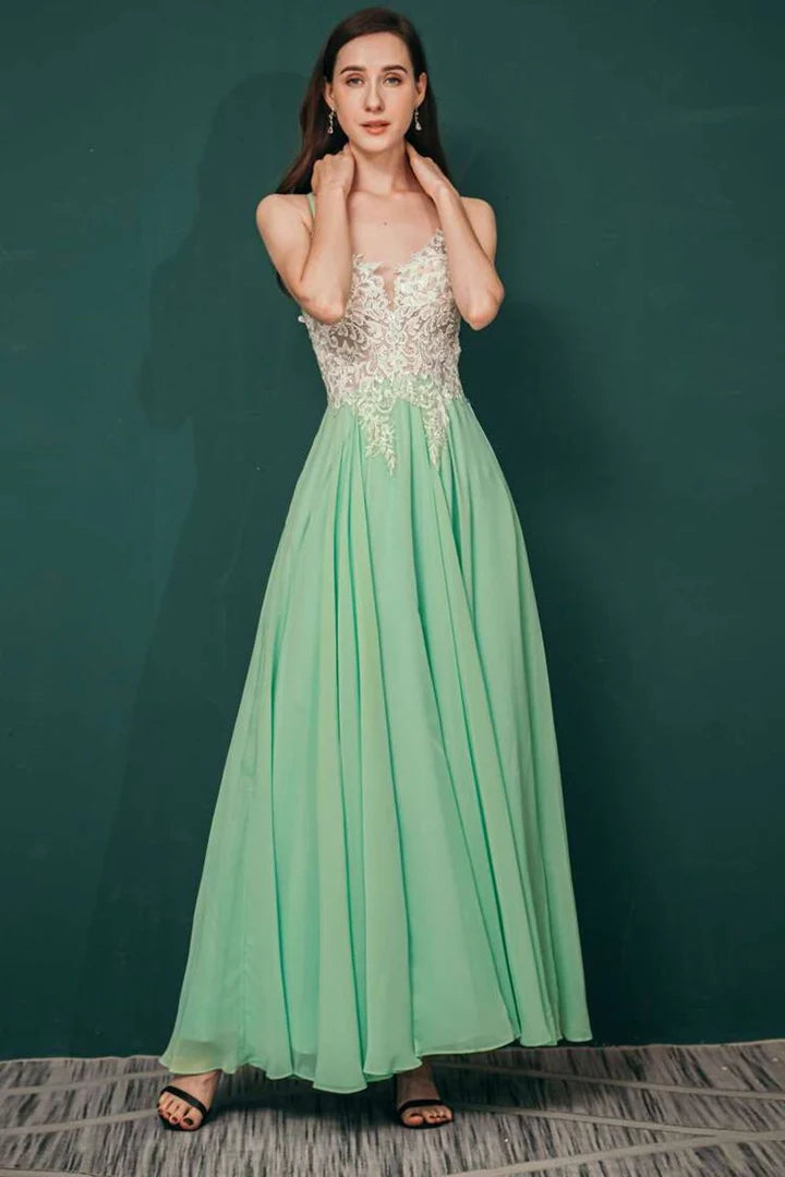 A-line Lace Applique Chiffon Long Prom Dress