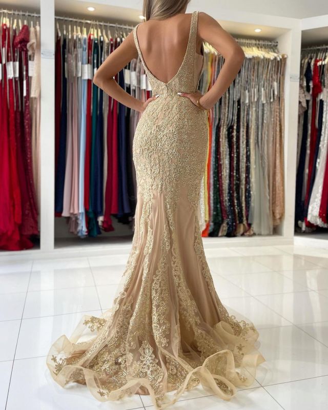 Sheath Mermaid Sweep/Brush Train Dresses V-Neck Sleeveless Long Evening Gown With Lace Floral