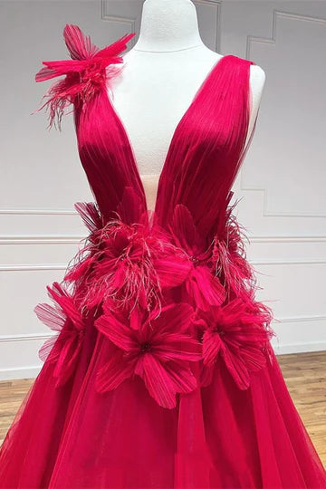 A-Line  Plunging Neck Long Prom Dress with Floral Appliques