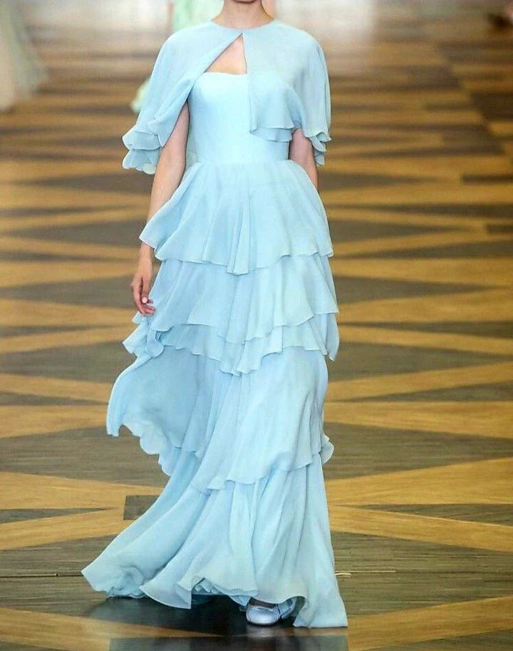 My Hers Prom Dress A Line Tiered Ruched Chiffon Flowing Romantic Elegant Ladies Formal Dress