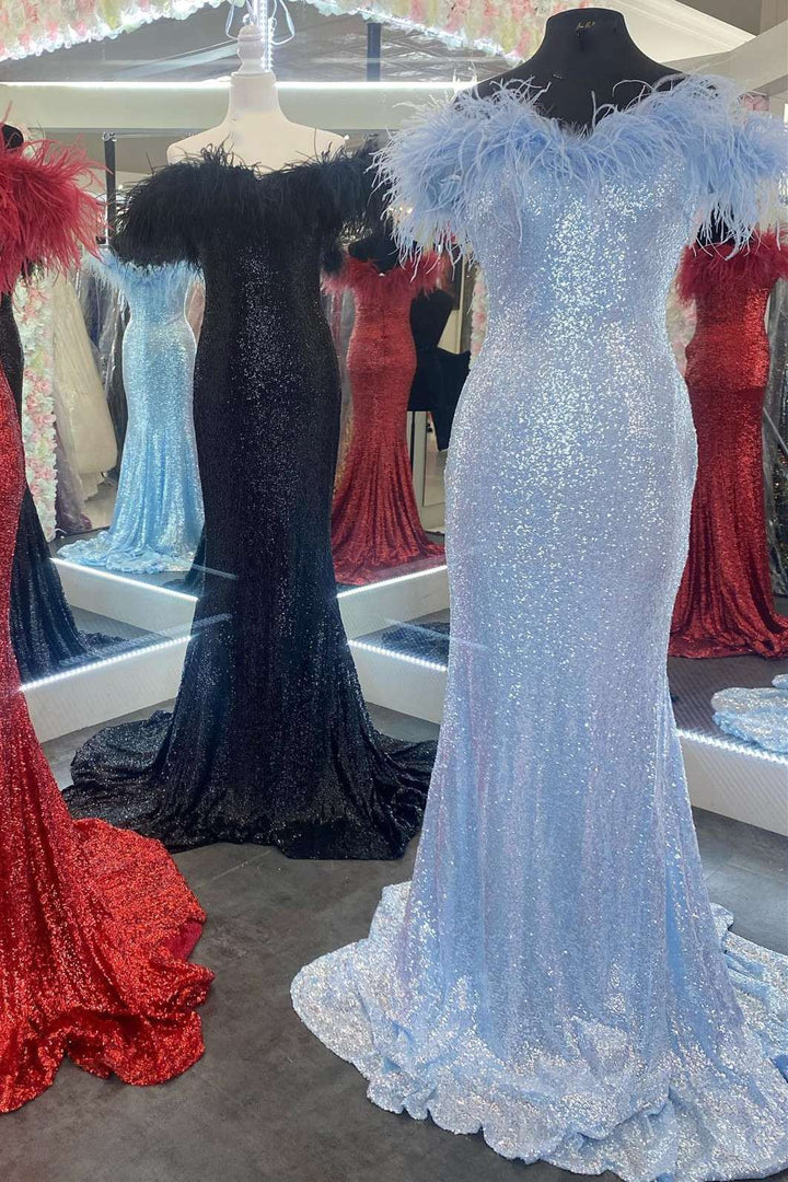 Sequin Off-the-Shoulder Feathers Mermaid Long Prom Gown