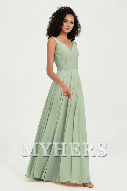 MY HERS Chiffon A-Line V-Neck Pleated Sleeveless Floor-Length Elegant Simple Wedding Guests Dresses